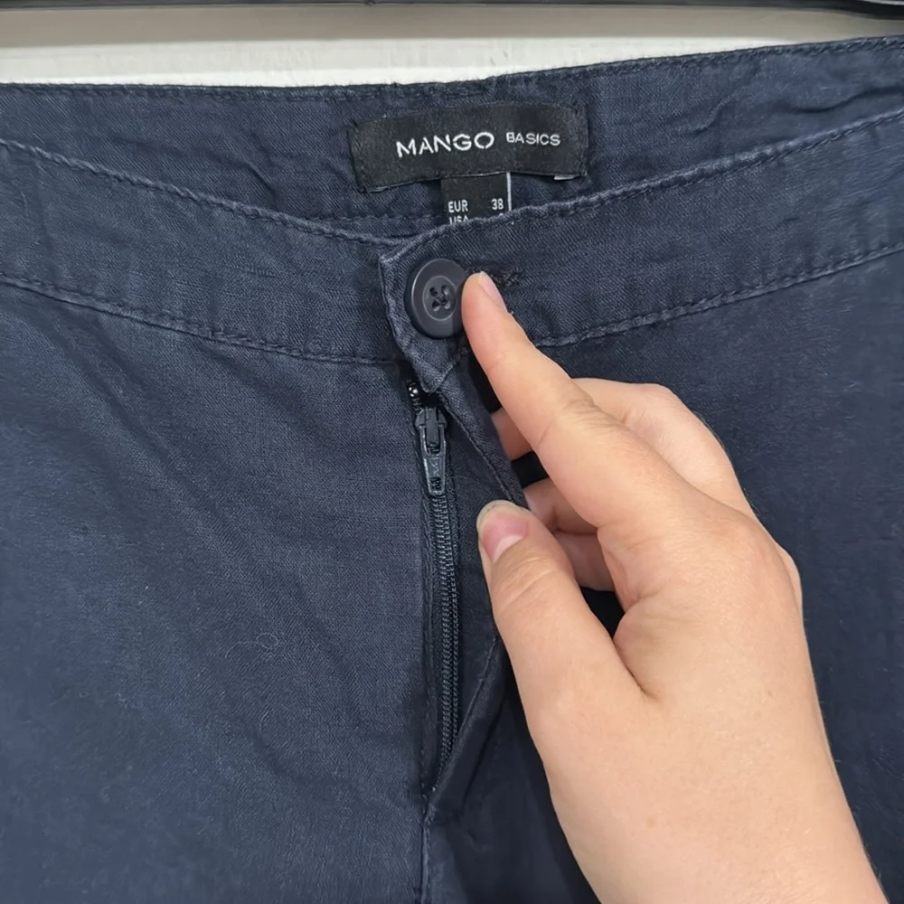 Mango Basic Navy Straight leg Ankle Chino Pants Flat Front Linen Cotton size 6